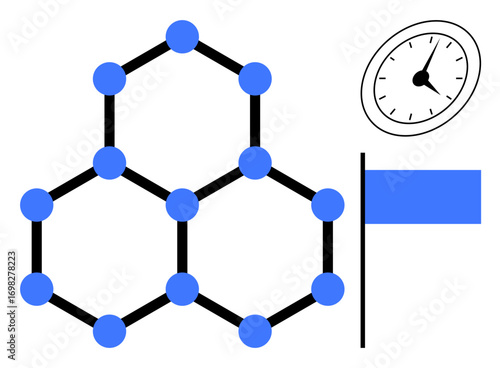 Hexagonal molecular structure with blue nodes, a clock at the top right, and a blue flag beside it. Ideal for science, research, organization, achievement, innovation, progress and time management