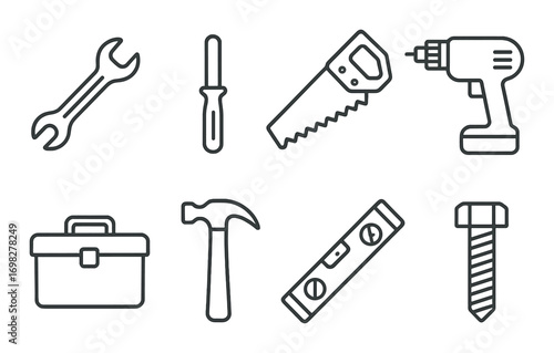 Silhouette icon set of tools: wrench, screwdriver, saw, drill, toolbox, hammer, level, bolt