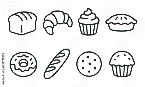 Bakery icons set featuring bread, croissant, cupcake, pie, donut, baguette, cookie, muffin on green background