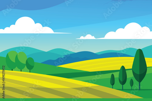 Cartoon Landscape Featuring Rolling Hills, Farmland, Trees, and a Bright Blue Sky with Clouds