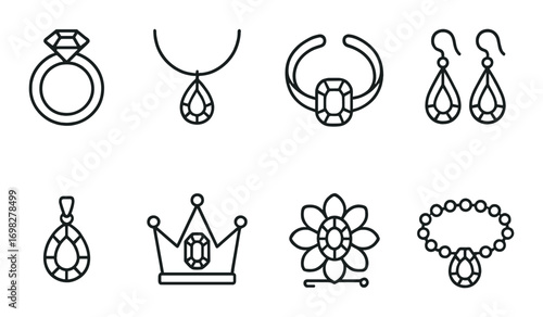 Elegant jewelry line art collection: rings, necklaces, earrings, and crown designs