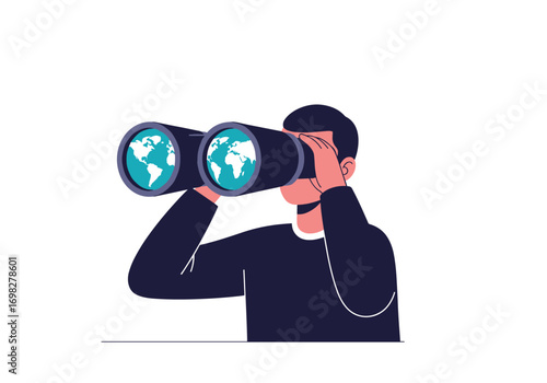 Man looking through binoculars with worlds inside exploring global opportunities discovering new horizons