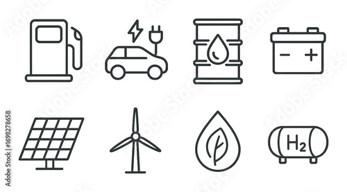 Sustainable energy icons: solar, wind, electric vehicle, hydrogen, battery