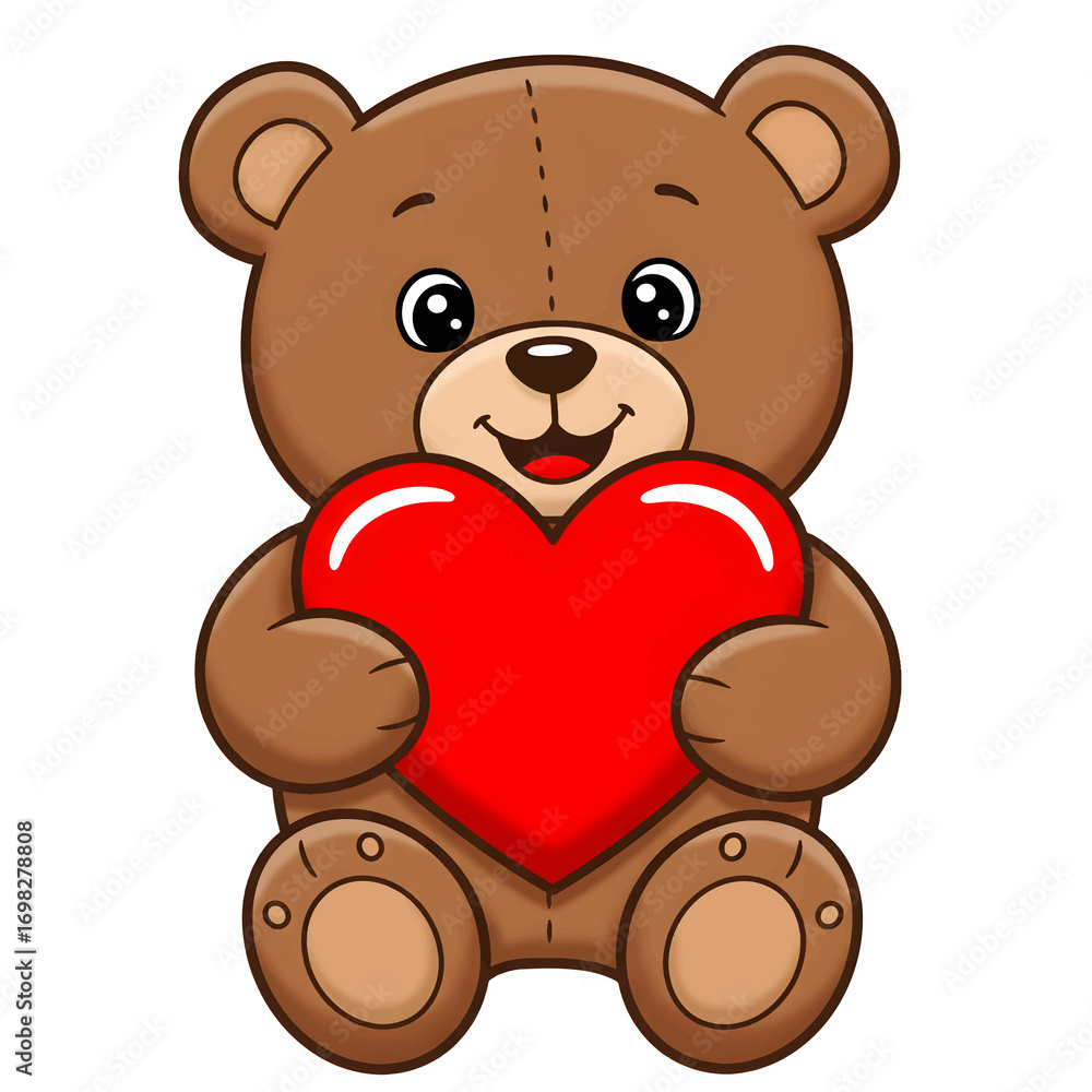 Naklejka premium Cute Teddy Bear Holding a Red Heart, Perfect for Valentine's Day