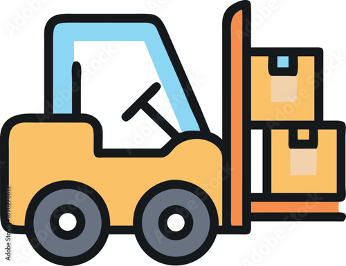 Yellow forklift truck lifting stacked boxes in a warehouse logistics and material handling symbol