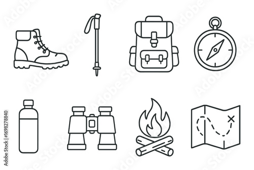 Outline icons of hiking gear: boots, poles, backpack, compass, water, binoculars, fire, map
