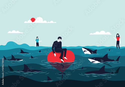 A lonely man sits on a sinking heart surrounded by circling sharks in a vast ocean representing a dangerous and overwhelming emotional crisis