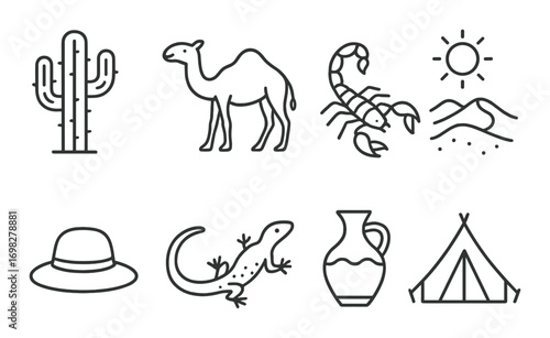 Desert icons: cactus, camel, scorpion, sun, dunes, hat, lizard, jug, tent