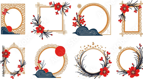 Create a kinds of deferent collection of modern Japanese frame designs and Japanese pattern designs vector art with white background.