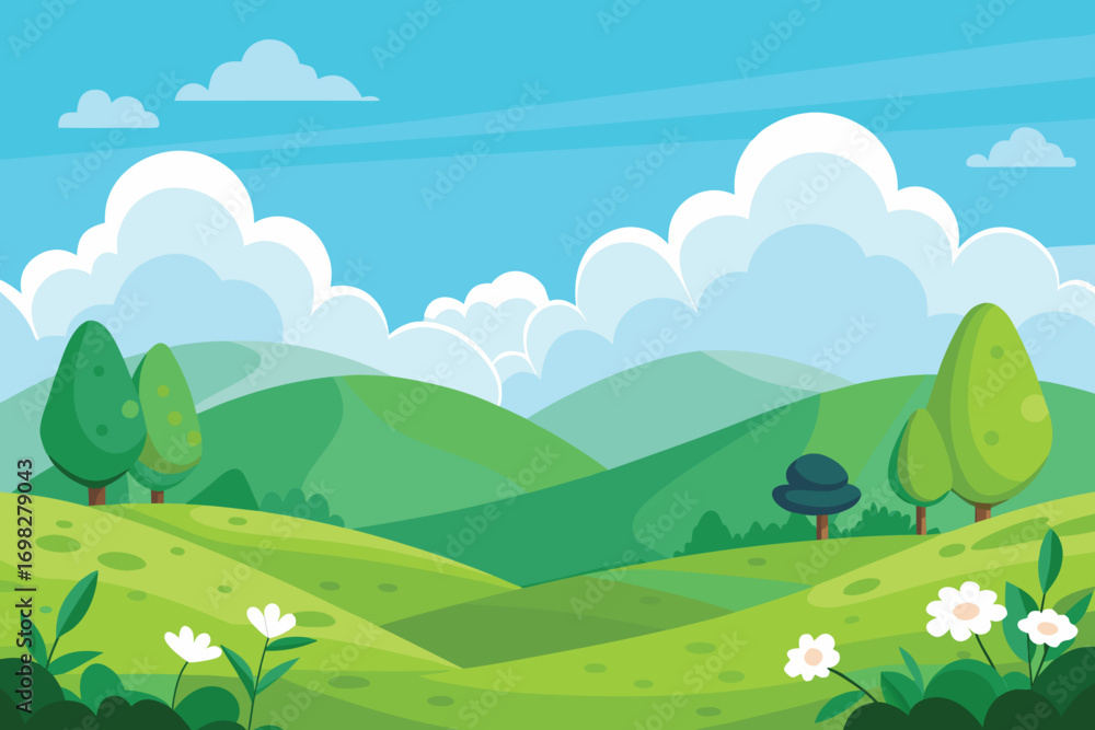 Naklejka premium Cartoon Landscape Rolling Green Hills, Trees, White Flowers, and Blue Sky with Clouds