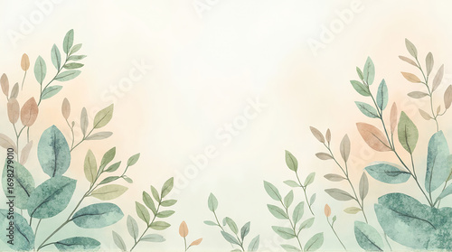 Watercolor Botanical Frame of Green and Brown Leaves on Light Background