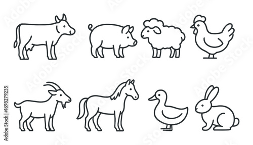 Outline of various farm animals on gradient background