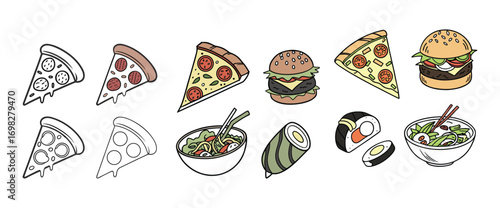 Hand drawn food doodles illustration set- Pizza, sushi, noodles burger