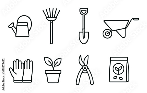 Set of gardening tools icons on dark background