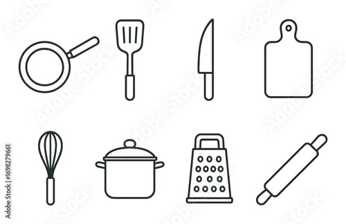 Set of eight essential kitchen utensils silhouettes on gradient background