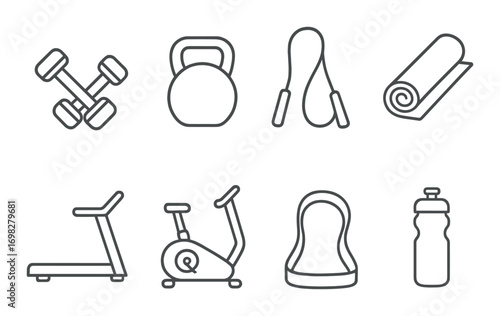 Fitness icons: dumbbell, kettlebell, jump rope, yoga mat, treadmill, bike, boxing glove, bottle