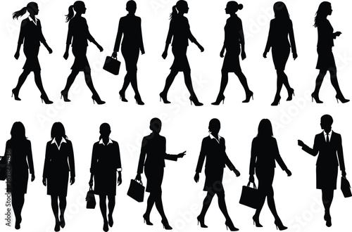 Businesswoman silhouettes walking, professional women, corporate attire, office fashion, confident female figures, women with bags, high heels, business style, urban career women