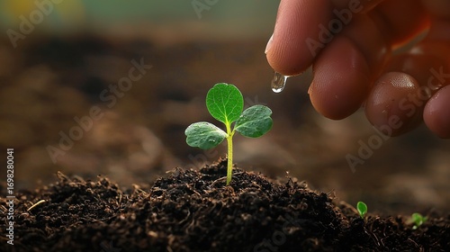 Close-up of hand watering young sprout in soil for World Environment Day banner concept, with soft blurred natural background, symbolizing growth, care, and sustainability

