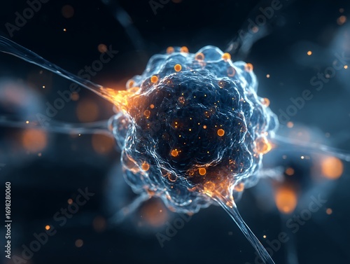 Detailed visualization of a neuron with glowing points representing neural activity