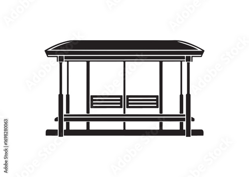 Black silhouette of bus stop shelter with roof and bench, vector design isolated.