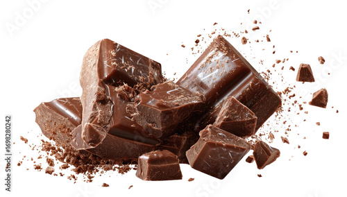 Broken dark chocolate bar pieces scattered on cocoa powder
