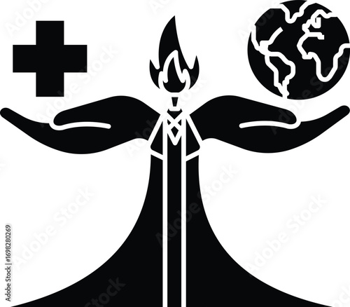 Humanitarian superhero icon with medical cross and globe, symbol of global healthcare, emergency aid and disaster rescue support, transparent background