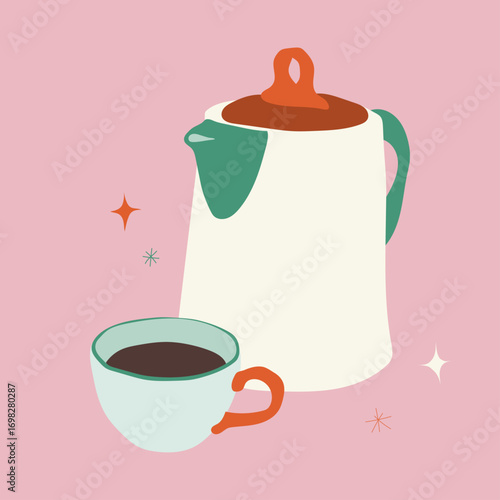Retro Coffee Pot and Cup Illustration. A charming and modern illustration of a vintage-style coffee pot and a full cup of coffee.