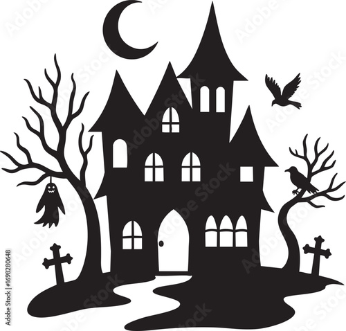 Haunted house silhouette with ghost, moon, and graveyard Keywords: halloween, haunted house