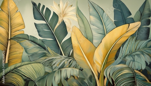 soft colored tropical leaf wallpaper design featuring banana trees mural art suitable for interior decoration