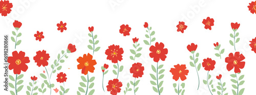 Charming handdrawn red flowers on a white background banner.