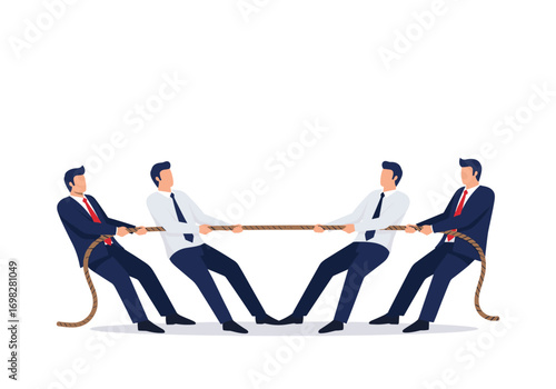 Businessmen engaged in a tense tug of war symbolizing corporate competition and strategic rivalry