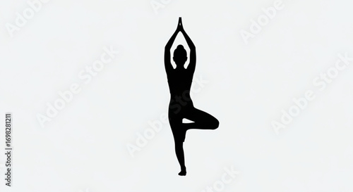 Silhouette of a woman in a yoga tree pose, representing fitness, mindfulness, and inner peace