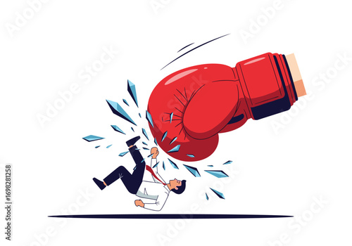 Business person knocked out by giant boxing glove symbolizing overwhelming force and failure