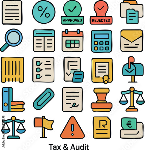 Colorful HandDrawn Tax and Audit Icons Set.