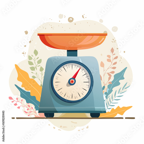 Blue Kitchen Scale with Orange Bowl and Floral Background