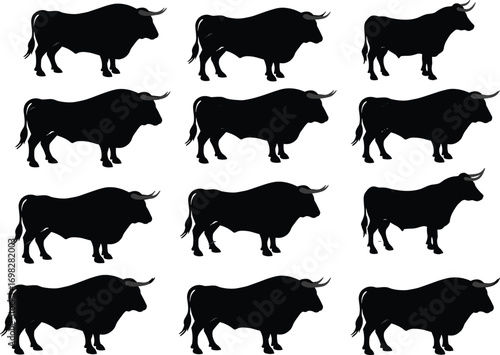 Bull silhouette collection, black bull icons, side view animals, livestock graphics, strong bull figures, horned cattle images, farm animal set