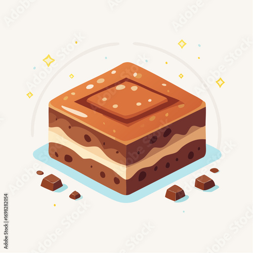 Isometric Chocolate Brownie With Cream Filling On Light Blue Square