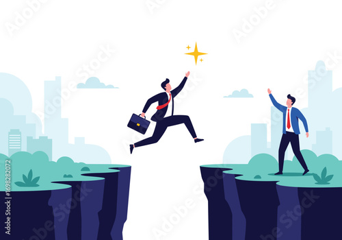 Businessmen leaping across a chasm to achieve a golden star representing success and ambition overcoming challenges