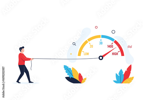 Man pulling rope towards speedometer indicating high performance and speed measurement