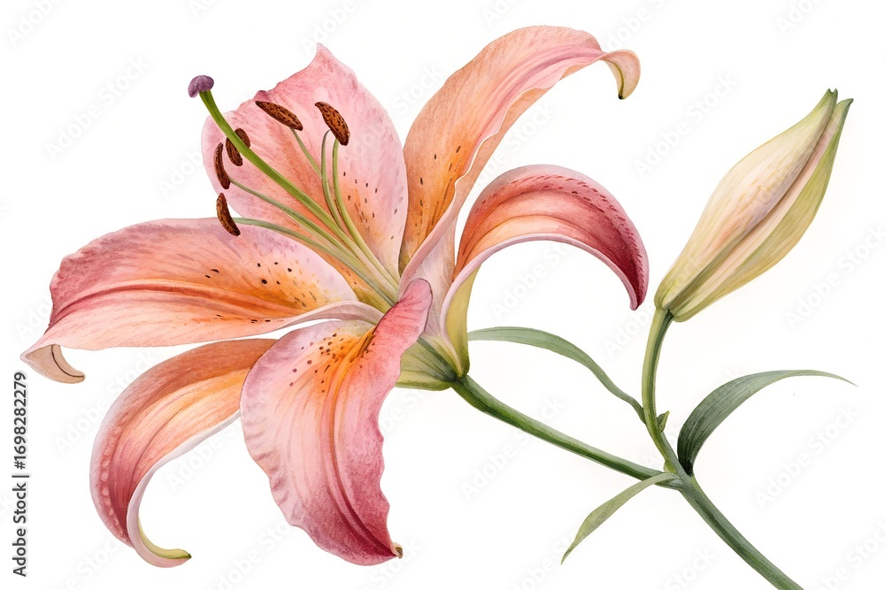 Naklejka premium Peach Colored Lily Flower with Bud and Green Stem on White Background Keywords: lily, flower, peach