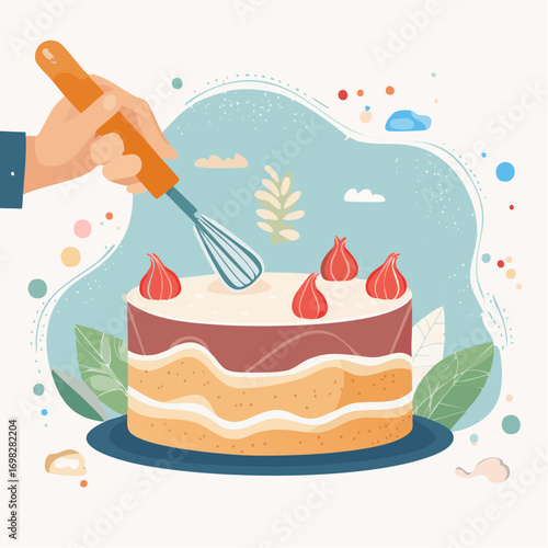 Hand Decorating Layered Cake with Red Berries and Cream
