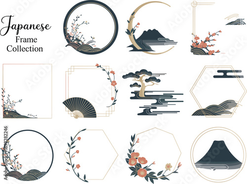 Japanese frame collection, cherry blossom border, Mt Fuji circle design, oriental square frame, hexagon floral motif, traditional wave pattern art