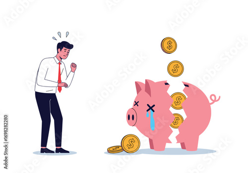 Shocked man sees broken piggy bank spilling coins during financial crisis