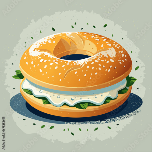 Fresh Bagel With Cream Cheese And Greens On Gray Background