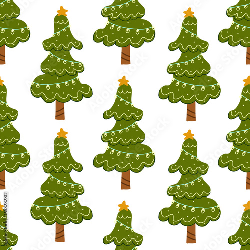 Christmas festive vector seamless pattern with hand drawn decorated cutie Christmas trees.