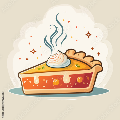 Warm Slice of Pumpkin Pie with Whipped Cream and Autumnal Spices Illustration