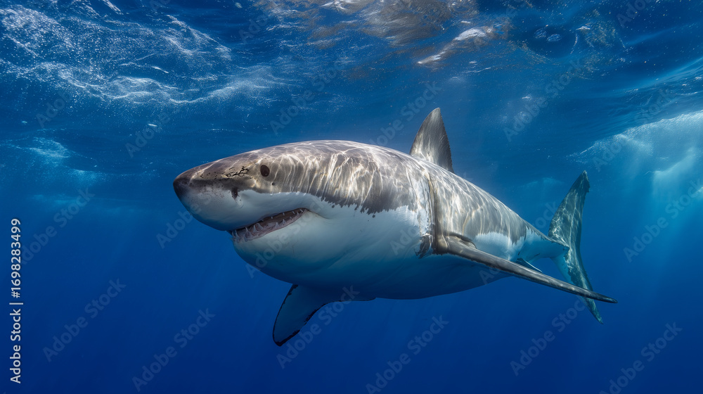 Naklejka premium Great white shark swimming underwater in clear blue ocean, close-up of a powerful marine predator with visible teeth, fins and textured skin illuminated by sunlight and surface reflections.