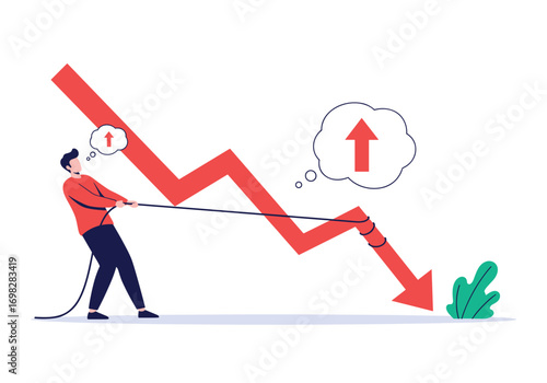 Business professional struggling to reverse falling stock market trend against economic decline challenges