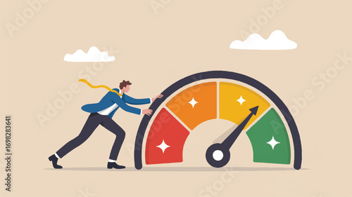 Vector art of man pushing speedometer to reach green zone, indicating performance