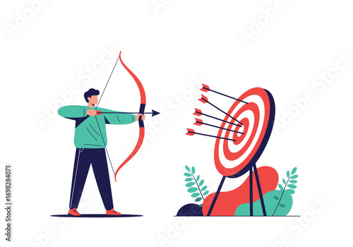 Man practicing archery aiming for the bullseye on a target with multiple arrows